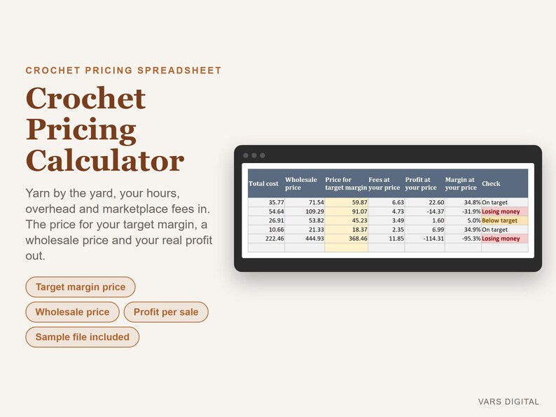 Calculadora de precios de ganchillo en hoja de cálculo, herramienta de precios de ganchillo en Excel, plantilla de precios para productos hechos a mano para tejedores de ganchillo. imagen 1