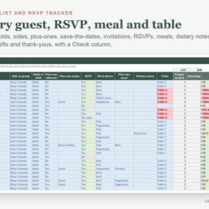 結婚式招待客リスト用スプレッドシート、出欠確認トラッカー（食事人数とテーブル席順付き）（Excel） 画像 2