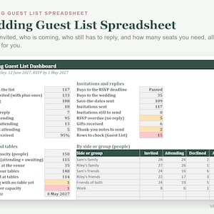 結婚式招待客リスト用スプレッドシート、出欠確認トラッカー（食事人数とテーブル席順付き）（Excel） 画像 1