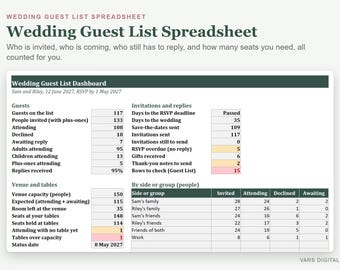 Foglio di calcolo per la lista degli invitati al matrimonio, con sistema di conferma presenza, conteggio dei pasti e assegnazione dei posti a tavola (Excel)
