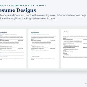 May include: Three ATS-friendly resume templates for Word featuring classic, modern, and compact designs. Each template includes a matching cover letter and references page, organized in a single column for applicant tracking systems.