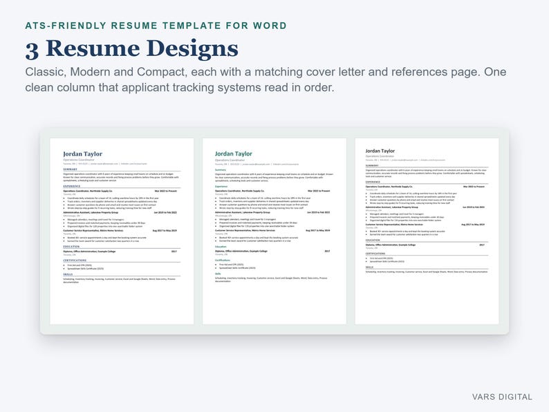 May include: Three ATS-friendly resume templates for Word featuring classic, modern, and compact designs. Each template includes a matching cover letter and references page, organized in a single column for applicant tracking systems.