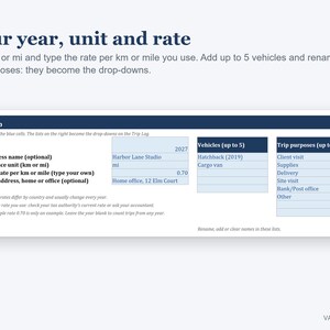 May include: A digital setup interface for a mileage tracker spreadsheet. The header reads 'Your year, unit and rate'. It includes input fields for year 2027, business name Harbor Lane Studio, distance unit mi, rate 0.70, and address 12 Elm Court.