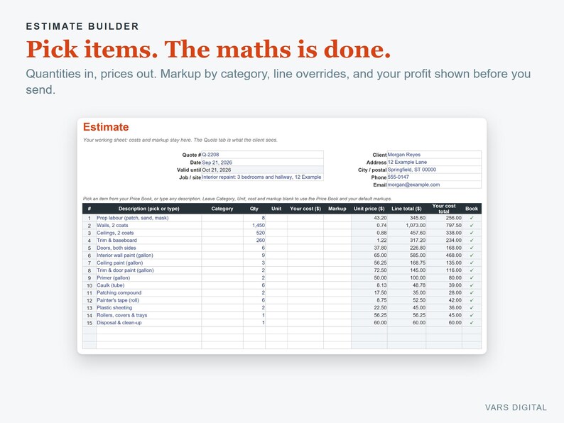 May include: A digital estimate builder interface displaying the text Estimate Builder, Pick items. The maths is done., and a detailed spreadsheet table with columns for description, category, quantity, unit, cost, markup, and total pricing.
