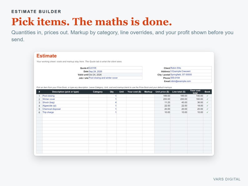 Pool Service Business Spreadsheet, Excel Pricing Quote & Job Costing Template image 3