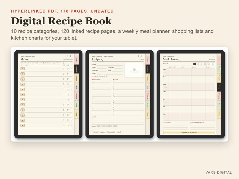 Digital Recipe Book, Undated Hyperlinked PDF Cookbook for Tablets, Meal Planner and Shopping List image 2