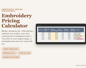 Embroidery Pricing Calculator Spreadsheet, Machine Embroidery Business Cost Calculator Excel, Custom Embroidery Pricing Template