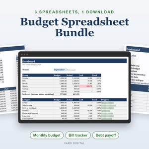Monatsbudget-Tabellenkalkulationspaket, Rechnungsübersicht und Schuldenrückzahlungsplaner (Digitaler Download) Bild 1