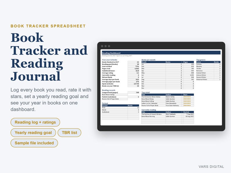 Digital Book Tracker Spreadsheet, Reading Journal with Star Ratings, TBR List (Excel/Sheets) imagen 1