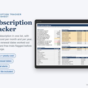 Subscription Tracker Spreadsheet, Monthly and Yearly Subscription Costs with Renewal Dates (Digital Download)