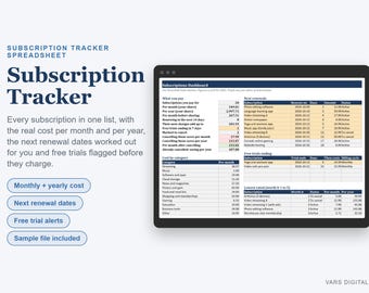 Subscription Tracker Spreadsheet, Monthly and Yearly Subscription Costs with Renewal Dates (Digital Download)