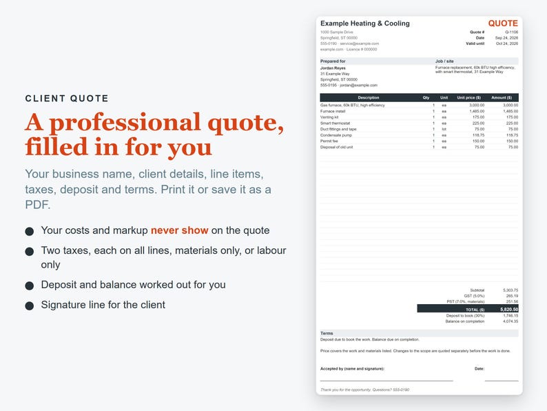 HVAC Estimate Template Excel, Heating and Cooling Quote & Job Costing Spreadsheet image 2