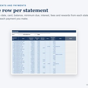 May include: A digital spreadsheet template titled Statements and Payments with the instruction One row per statement. The table includes columns for statement date, card, balance, minimum due, interest, fees, rewards, notes, and check boxes.