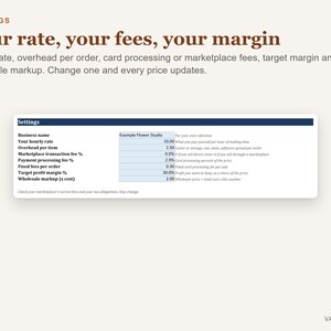 Op de afbeelding: Een instellingeninterface met de titel Your rate, your fees, your margin. Het toont een tabel met velden voor bedrijfsnaam, uurtarief, overhead, transactiekosten, betalingsverwerking, winstmarge en groothandelsopslag.