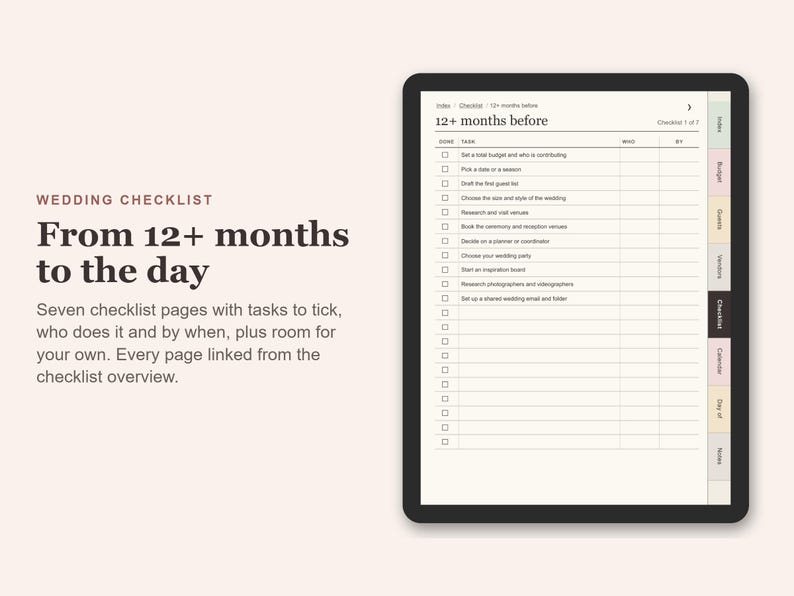 Digital Wedding Planner, Undated Hyperlinked PDF for Tablets, Budget, Guest List, Vendors, Checklist zdjęcie 6