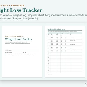Weight Loss Tracker Printable and Fillable PDF, Weigh In Log, Body Measurements, Progress Chart image 2