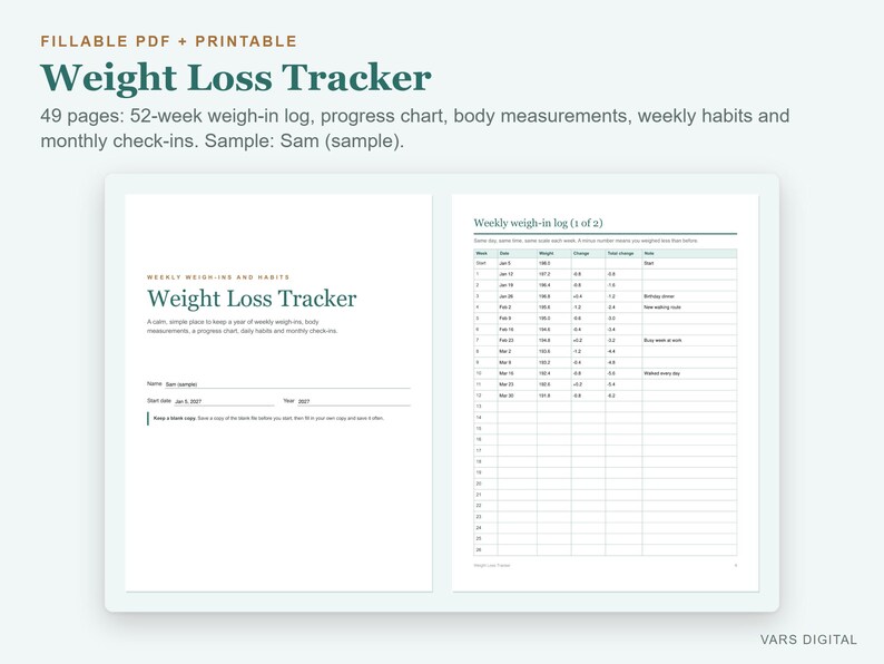 Weight Loss Tracker Printable and Fillable PDF, Weigh In Log, Body Measurements, Progress Chart image 2