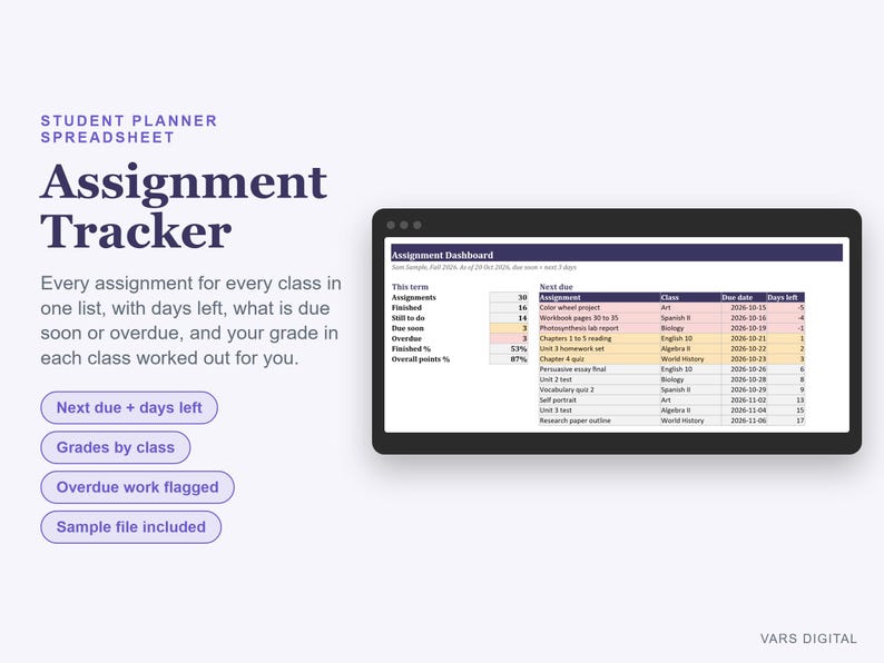 Hoja de cálculo para el seguimiento de tareas, deberes y calificaciones para estudiantes de secundaria y universidad (Excel) imagen 2