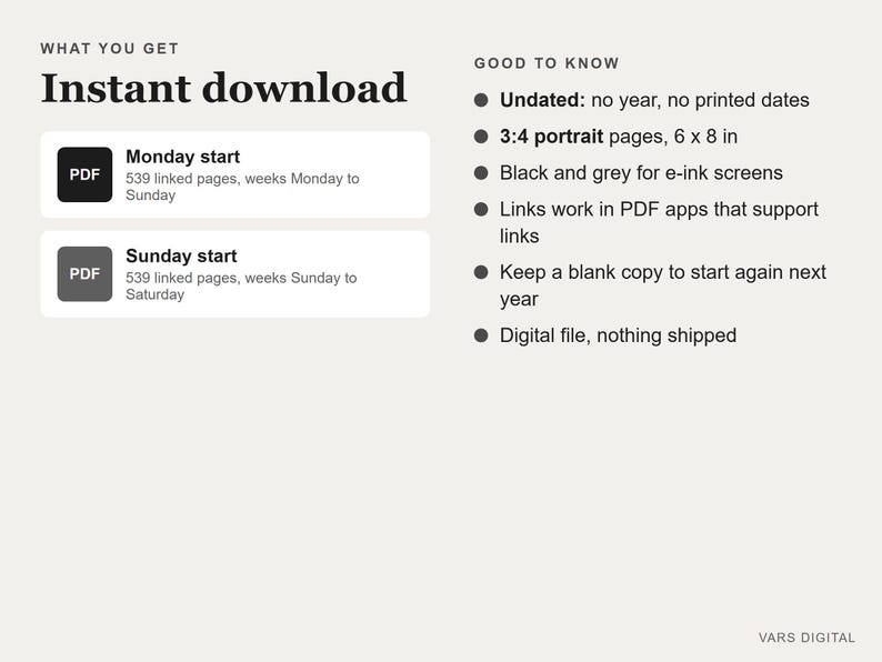 Undated Digital Planner, Hyperlinked PDF for E-Ink Tablets, Portrait, Daily Weekly Monthly, Habit Tracker image 7