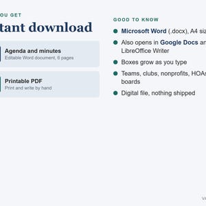 May include: A digital product listing titled Instant download featuring an Agenda and minutes DOCX file and a printable PDF. The text lists compatibility with Microsoft Word, Google Docs, and LibreOffice Writer in A4 size, noting that boxes grow as you type for teams, clubs, and boards.