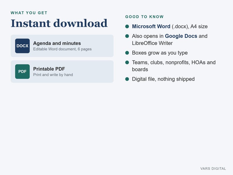 May include: A digital product listing titled Instant download featuring an Agenda and minutes DOCX file and a printable PDF. The text lists compatibility with Microsoft Word, Google Docs, and LibreOffice Writer in A4 size, noting that boxes grow as you type for teams, clubs, and boards.