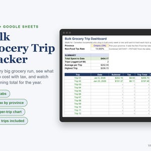 Grocery Budget Tracker Spreadsheet Canada, Bulk Shopping Trip Log with Sales Tax, Excel image 1