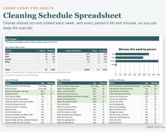 Cleaning Schedule Spreadsheet, Chore Chart for Adults with Chore Rotation and Weekly Tracker (Excel)