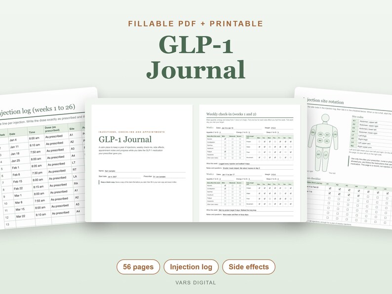 Diario GLP1 imprimible y editable en PDF, registro de inyecciones, seguimiento de efectos secundarios, planificador de pérdida de peso. imagen 1