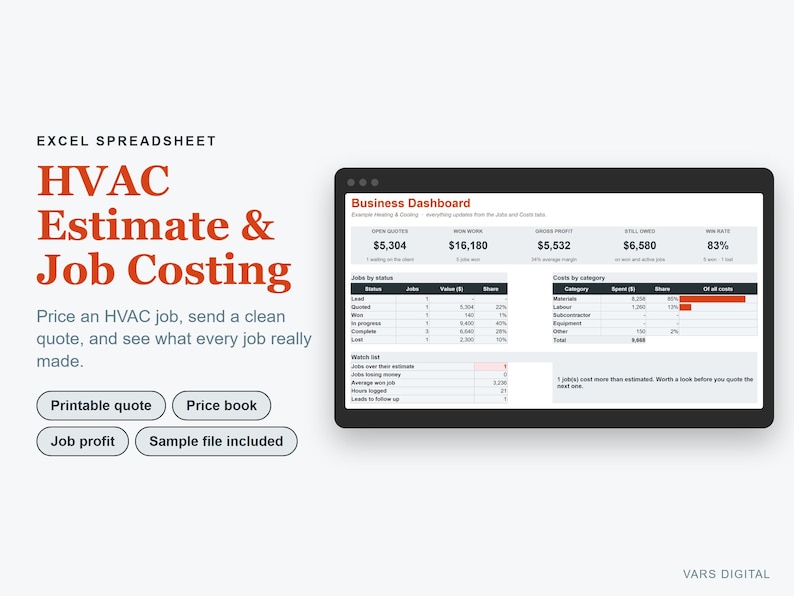 HVAC Estimate Template Excel, Heating and Cooling Quote & Job Costing Spreadsheet image 1
