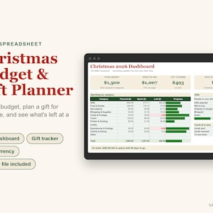 K&ouml;nnte beinhalten: Eine Excel-Tabelle mit dem Titel Christmas Budget & Gift Planner, die ein Dashboard mit einem Weihnachtsbudget f&uuml;r 2026, Ausgabenkategorien und Geschenkverfolgung enth&auml;lt. Die Oberfl&auml;che zeigt das Gesamtbudget, Ausgaben und Restbetr&auml;ge.