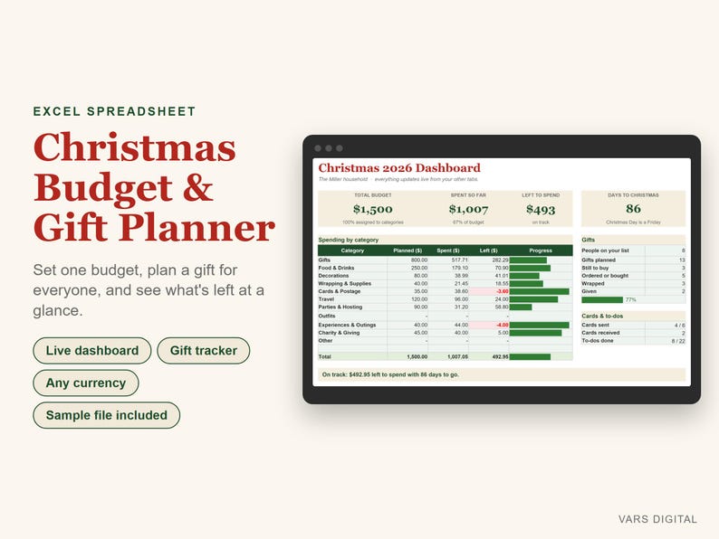 K&ouml;nnte beinhalten: Eine Excel-Tabelle mit dem Titel Christmas Budget & Gift Planner, die ein Dashboard mit einem Weihnachtsbudget f&uuml;r 2026, Ausgabenkategorien und Geschenkverfolgung enth&auml;lt. Die Oberfl&auml;che zeigt das Gesamtbudget, Ausgaben und Restbetr&auml;ge.