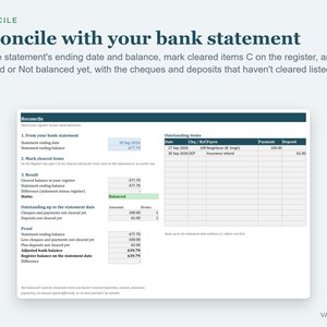 Excel-spreadsheet voor kasboekregistratie, sjabloon voor kasboekregistratie, bankafstemming, overzicht van doorlopend saldo afbeelding 3