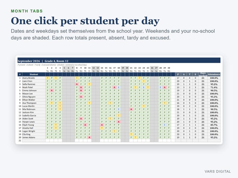 Attendance Tracker Spreadsheet, School Year Class Register, Absence Flag and Summary (Digital Download) immagine 2