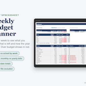 Weekly Budget Planner Spreadsheet, Spending Tracker with Bills and Savings (Digital Download) image 1