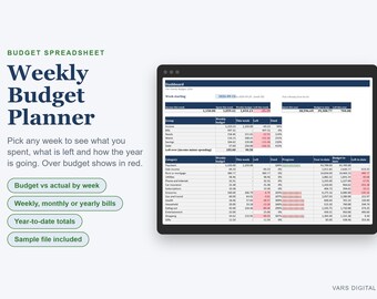 Spreadsheet voor wekelijkse budgetplanning, uitgavenoverzicht met rekeningen en besparingen (digitale download)