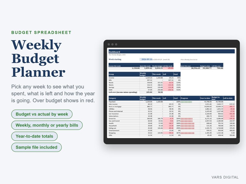 Weekly Budget Planner Spreadsheet, Spending Tracker with Bills and Savings (Digital Download) image 1