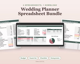 結婚式プランナー用スプレッドシートセット（予算、ゲストリスト、チェックリスト、ハネムーン）（Excel形式）