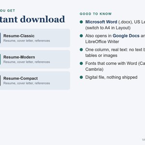 May include: A digital document listing titled Instant download featuring three DOCX files: Resume-Classic, Resume-Modern, and Resume-Compact. The text includes Good to know details about Microsoft Word, Google Docs, and LibreOffice compatibility.