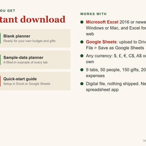 K&ouml;nnte beinhalten: Eine Informationsgrafik f&uuml;r einen digitalen Planer mit dem Titel Instant download. Sie listet einen leeren Planer, einen Beispielplaner und eine Schnellstartanleitung auf. Sie spezifiziert die Kompatibilit&auml;t mit Microsoft Excel und Google Sheets.