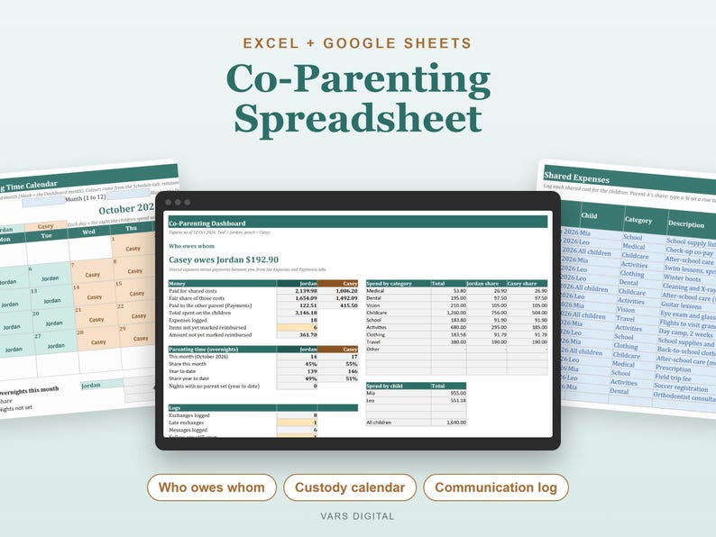 Planilha de Planejamento de Coparentalidade, Calendário de Custódia, Controle de Despesas Compartilhadas, Registro de Comunicação (Excel) imagem 1