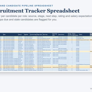 May include: A recruitment tracker spreadsheet with columns for candidate, role, source, applied date, current stage, stage date, next step, next step date, interviewer, rating, salary expectation, notes, and flag. The text reads Hiring and Candidate Pipeline Spreadsheet.