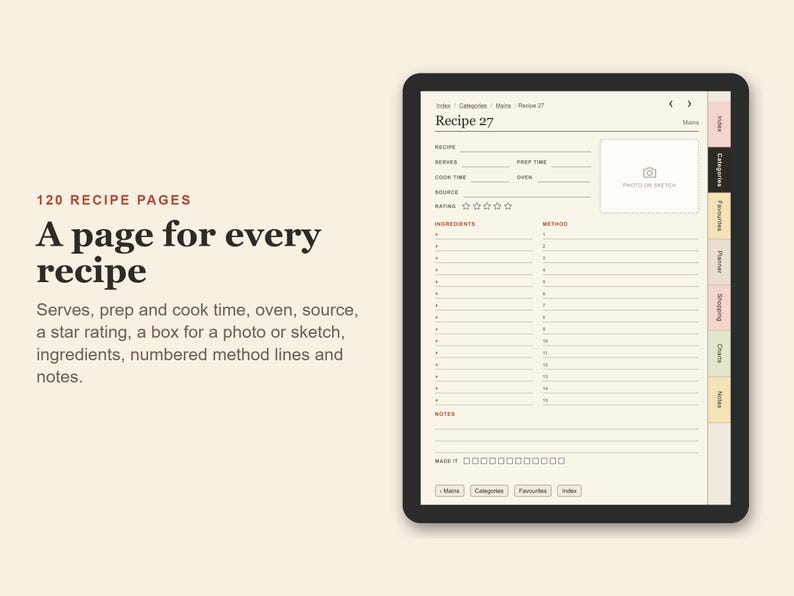 Digital Recipe Book, Undated Hyperlinked PDF Cookbook for Tablets, Meal Planner and Shopping List image 3