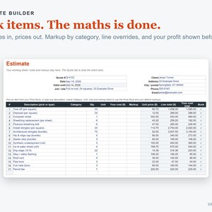May include: A digital estimate builder interface displaying a construction quote for a roofing project. The document includes a detailed table with seventeen line items, columns for quantity, unit cost, markup, and totals, plus client contact information.