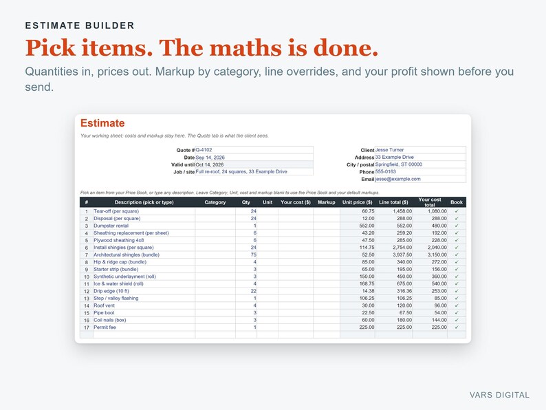 May include: A digital estimate builder interface displaying a construction quote for a roofing project. The document includes a detailed table with seventeen line items, columns for quantity, unit cost, markup, and totals, plus client contact information.