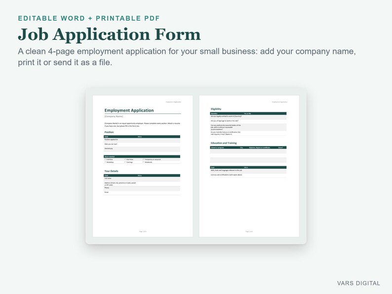 Plantilla de solicitud de empleo, formulario de solicitud de empleo editable en Word y PDF imprimible para contratación. imagen 2