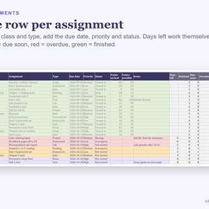 Hoja de cálculo para el seguimiento de tareas, deberes y calificaciones para estudiantes de secundaria y universidad (Excel) imagen 3