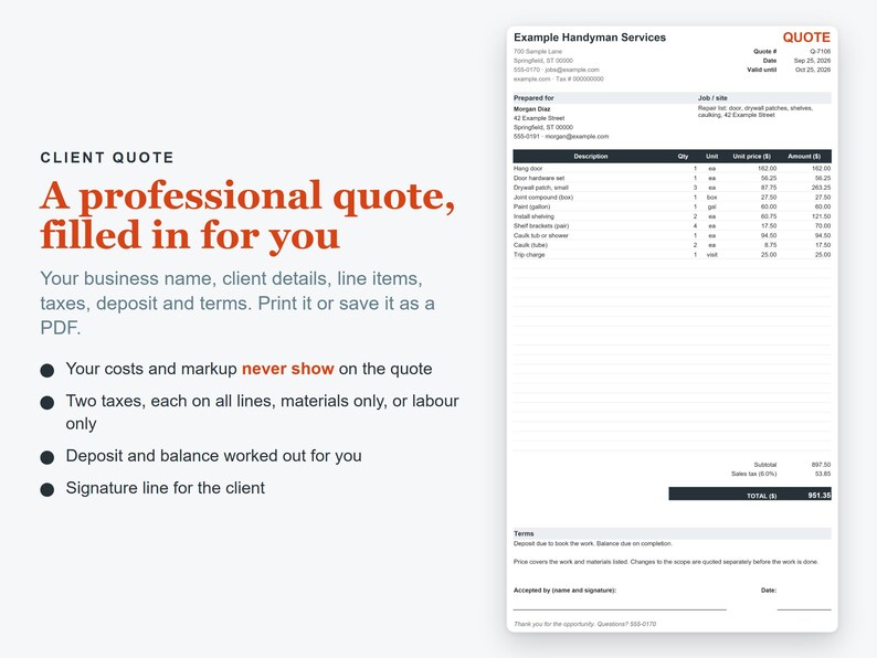 Handyman Estimate Template Excel, Handyman Quote & Job Costing Spreadsheet image 2