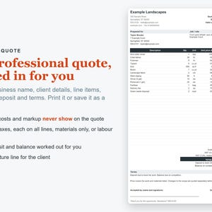 K&ouml;nnte beinhalten: Eine digitale Dokumentvorlage mit dem Titel Client Quote, die ein professionelles Layout f&uuml;r Landschaftsbau-Dienstleistungen bietet. Sie enth&auml;lt Abschnitte f&uuml;r Unternehmensdaten, Kundendetails, Kostenaufstellungen, Steuern und eine Unterschriftenzeile.