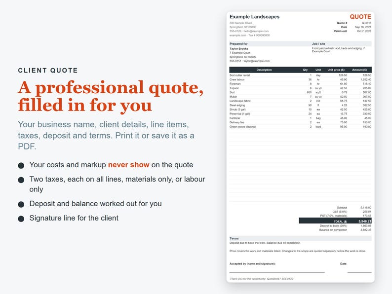 K&ouml;nnte beinhalten: Eine digitale Dokumentvorlage mit dem Titel Client Quote, die ein professionelles Layout f&uuml;r Landschaftsbau-Dienstleistungen bietet. Sie enth&auml;lt Abschnitte f&uuml;r Unternehmensdaten, Kundendetails, Kostenaufstellungen, Steuern und eine Unterschriftenzeile.