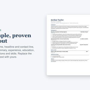 May include: A resume template featuring a clean, professional layout with sections for summary, experience, education, certifications, and skills. The document displays sample text for Jordan Taylor, an Operations Coordinator.